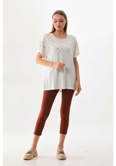 Büşra Triko Kadın Desenli Kısa Kol Penye Bluz 19152 Ekru