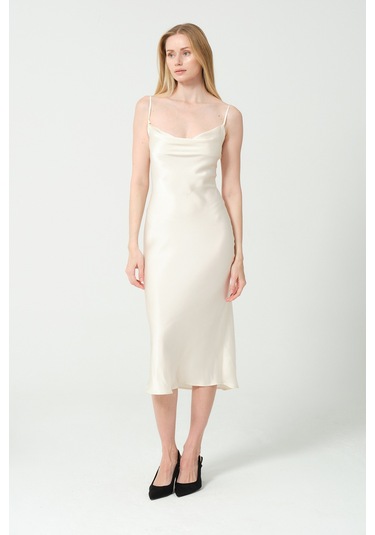 Degaje Döküm Saten Midi Elbise KREm Krem