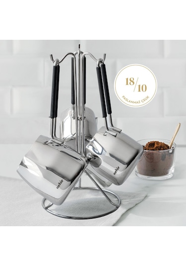 Nehir Modern 4 Parça Standlı Paslanmaz Çelik Cezve Seti