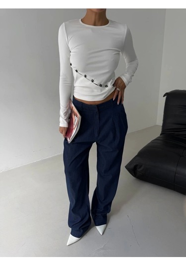 Asimetrik Alt Detaylı Bluz Beyaz Beyaz