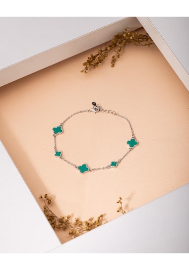 925 Ayar Rodyum Turkuaz Mineli Yonca Charm Gümüş Bileklik Rb10070