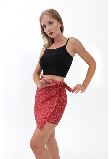 Çiçek Desenli Yandan Bağlamalı Etek - Kırmızı-kırmızı Kırmızı