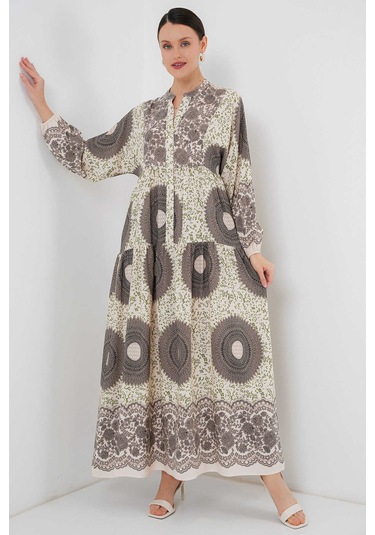Gabria Ön Düğmeli Desenli Viskon Elbise Bej - Kahverengi