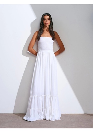Olla Collection Uzun Keten Elbise-beyaz Beyaz