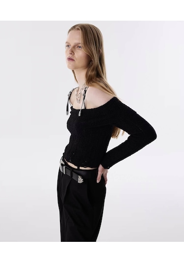 Twist Suni Deri Kemer Askılı Triko Siyah Kadın Kazak Tw6250050192 Siyah
