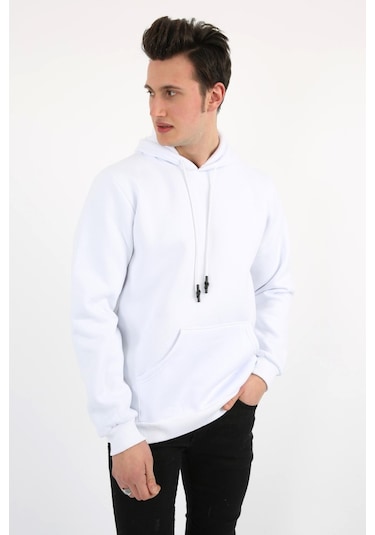 Modish Üç İplik Şardonlu Kapşonlu Düz Erkek Günlük Sweatshirt Beyaz