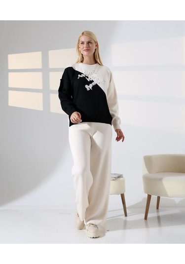 Renk Bloklu Triko Takım Siyah - Taş