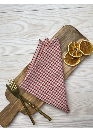 Wellstil Doku 6'lı Keten Piti Kareli Kırmızı Peçete  Piknik Dekorasyonu 40 x 40 cm Kırmızı