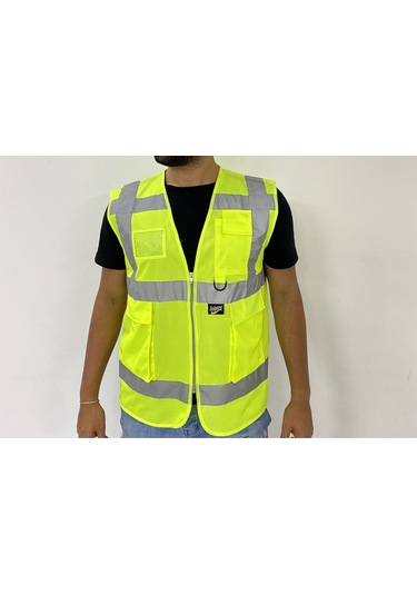 Yüksek Görünümlü Mühedis Yeleği 10 Adet Sarı 2xl Beden Yelek Reflektörlü Fermuarlı Reflektik