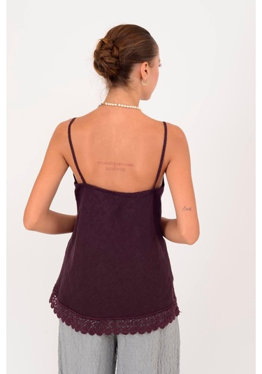 Dantel Detaylı Askılı Keten Bluz-10386 Mürdüm