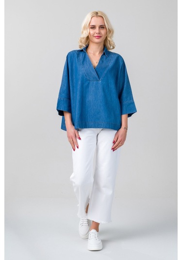 Kadın Gömlek Yakalı Yaka İndigo Mavi Kol Ucu Manşetli İnce Kot Kumaş Bluz İndigo