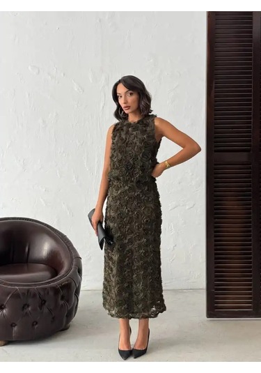 Gül Desenli Tül Etek Haki Yeşili