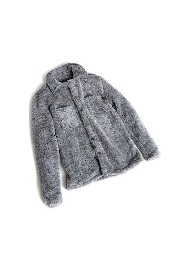 Unisex Gri Düğme Detaylı Cepli Peluş Ceket Gri