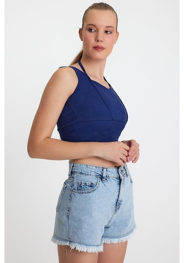 Polo State Kadın Ense Biye Detaylı Crop İndigo