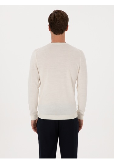 Cacharel Beyaz Slim Fit Yün Karışımlı Bisiklet Yaka Basic Triko Kazak
