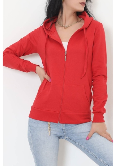 Bensu Store - Kapşonlu Fermuarlı Sweat Kırmızı - 11866.108. 001