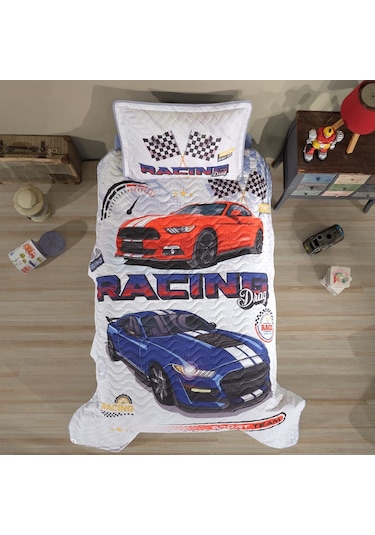 Clasy Ranforce Tek Kişilik Yatak Örtüsü Racing Drag Mavi Mavi