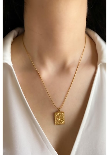 Kadın Çelik Kolye Ay-güneş Detay Kolye Altın