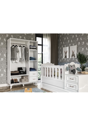 KznHome Kartopu Country Tarzı Bebek Odası Takımı - 3 Parçalı Tamamı MDF Beyaz