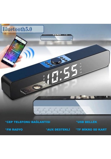 Triline Bluetooth Hoparlör Şarjlı Yatay Ses Sistemi Led Ekran Fm Çalar Saat Sıcaklık Pc Usb Aux Tf Kart