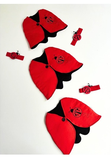 Kırmızı & Bandanalı Uğur Böceği Kostümü - Kız Çocuk Doğum Günü Kostümü Seti Kırmızı - Siyah