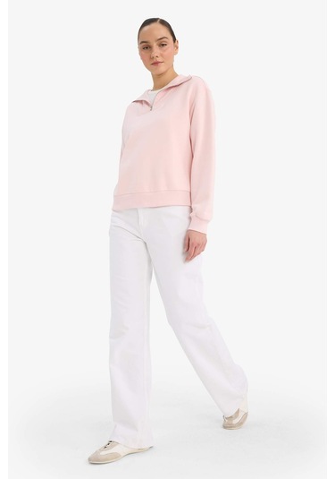 Defacto Regular Fit Yarım Fermuarlı Balıkçı Yaka Basic Düz Sweatshirt G4761ax25wnpn648 Pembe-pn648