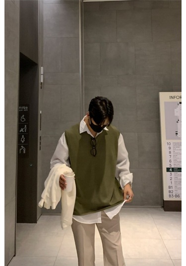 Erkek V Yaka Oversize Süveter Haki