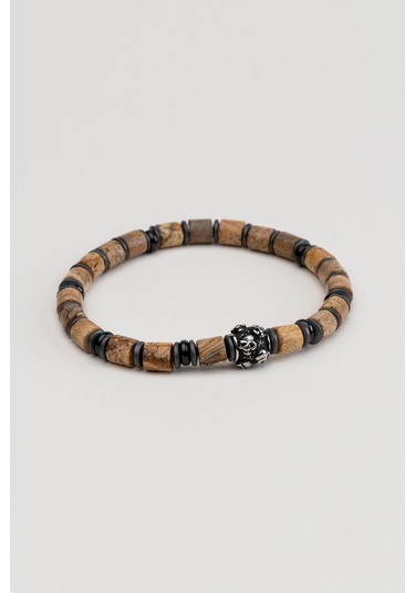 So Chic Jasper Taşlı Kuru Kafa Detaylı Çelik Erkek Bileklik Çelik