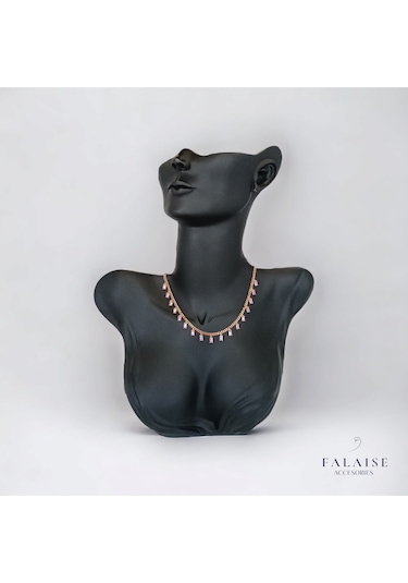 Pembe Baget Taşlı Zincir Kolye 45cm Altın - Pembe