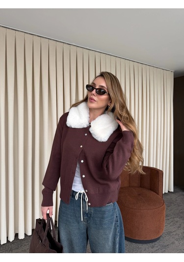 Laluvia Bordo Yakası Kürklü Hırka - 261002 Bordo