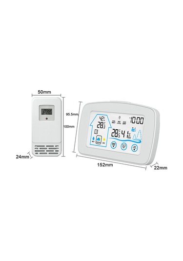 Mufunye İç/harici Sıcaklık Nem Ölçer, Saat Takvim Alarm, Dokunmatik Ekran, Maks/min Kayıt, 7 Dil Desteği - Beyaz Pil Dahil Değil