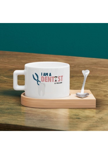 Bk Gift Kişiye Özel İsimli Diş Hekimi Tasarımlı-1, Ahşap Altlıklı Seramik Fincan, Meslek Hediyesi, Yeni İş Hediyesi Kobitmeyen137924 Bk Gift