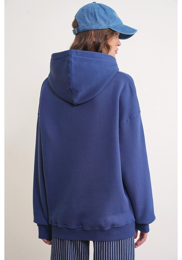 Mixray 2022 Unisex 3iplik Basic Polarlı Kapüşonlu Sweatshirt Hoodie Lacivert