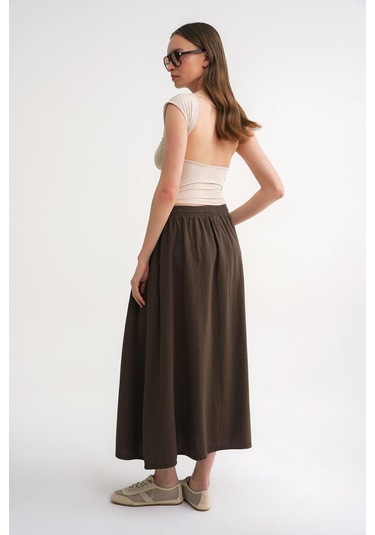 4633 Kadın Yandan Cepli Parçalı Etek Haki Haki