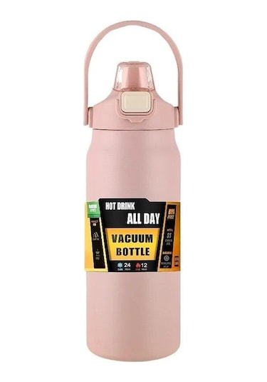 Pembe Taşınabilir Pipetli Termos 304 Paslanmaz Çelik Termal Kupa Bardak Kahve Fincanı Spor Termos Soğuk Ve Sıcak Su Şişesi 1000ml