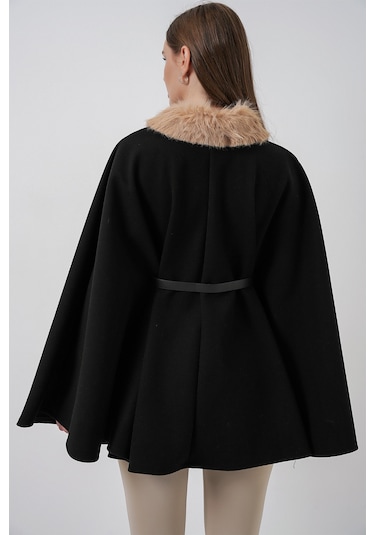 Kadın Kemerli Kaşe Panço 9165 - Siyah Siyah