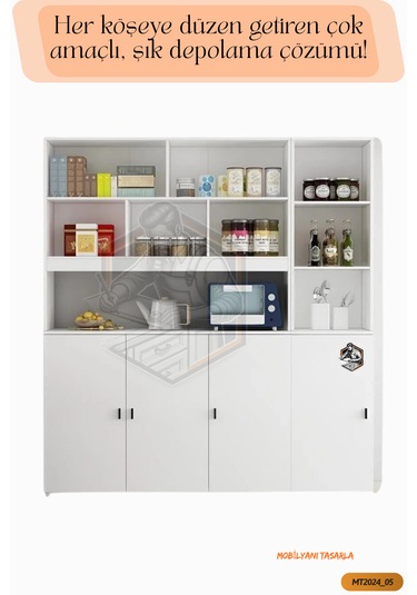 Tamamı Mdf Çok Amaçlı 4 Kapaklı Açık Raflı Kiler Dolabı Mutfak