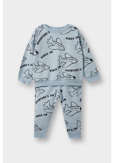 Defacto Erkek Bebek 2li Takım Baskılı Sweatshirt Eşofman Altı F0219a525aube523 Mavi