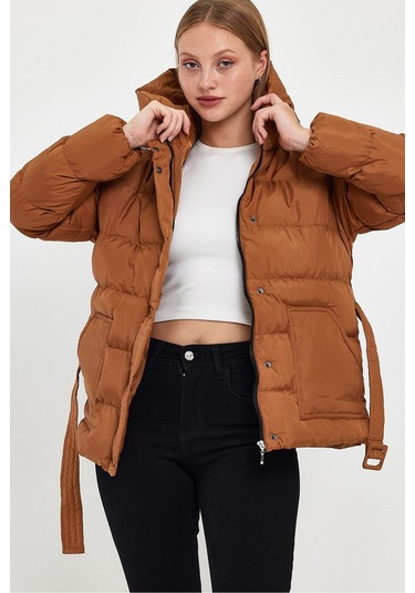 Alisse-kadın Taba Kapüşonlu Kemerli Şişme Mont Kaban Taba