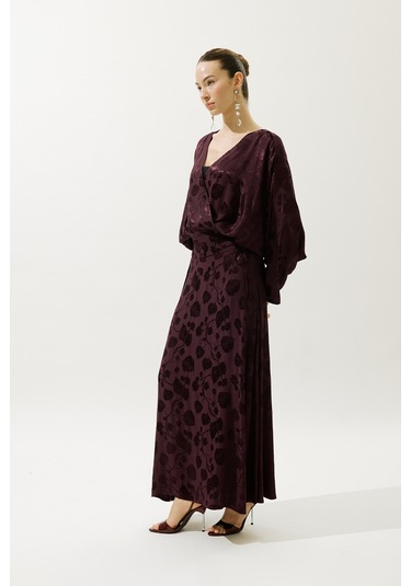 Jakarlı Saten Kimono Bordo Bordo
