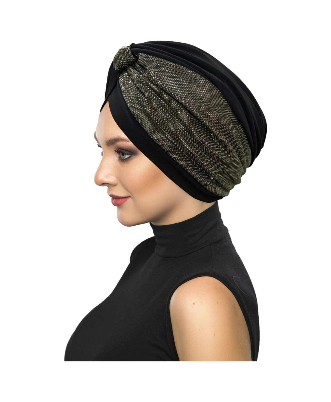 Özel Tasarım Siyah Üzeri Siyah-altın Pike Desenli Astarlı Hazır Türban Tesettür Abiye Bone Siyah18