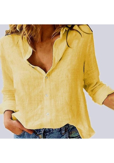 Sarı Büyük Beden Renkli Tek Sıra Düğmeli Yaz Katı Zarif Bol Kesim Gömlek Sarı