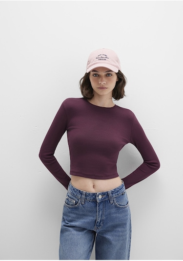 Mavi - Uzun Kollu Bordo Crop Basic Tişört 1612822-70434 Bordo