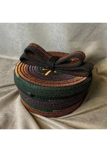 Uretti - Fatma 7987 - El Yapımı Koton İp Fiyonklu Kapaklı Dekoratif / Organizer Sepet Çok Renkli