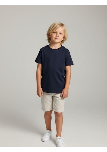Zekids Çocuk Pamuklu Basic Yuvarlak Yaka T-shirt-16714 Lacivert