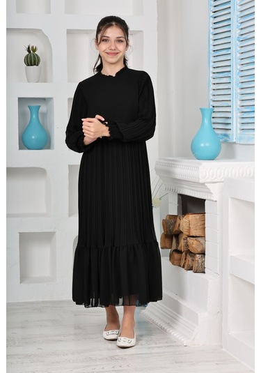 Kız Çocuk Uzun Boydan Pliseli Pamuklu Şifon Uzun Elbise Siyah