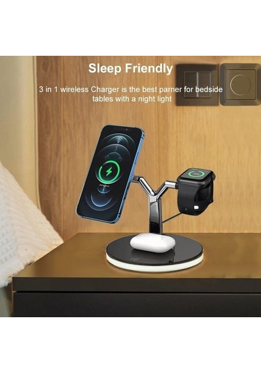 Wezone Watch, İphone Uyumlu 15 14 13 12 İçin 3 Lü Kablosuz Şarj İstasyonu - Siyah