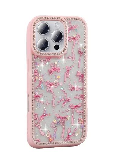 İphone Uyumlu 16 Pro Kılıf Taşlı Simli Kenarları Silikon Parıltılı Azra Kapak Telefon Kılıfı Kamera K