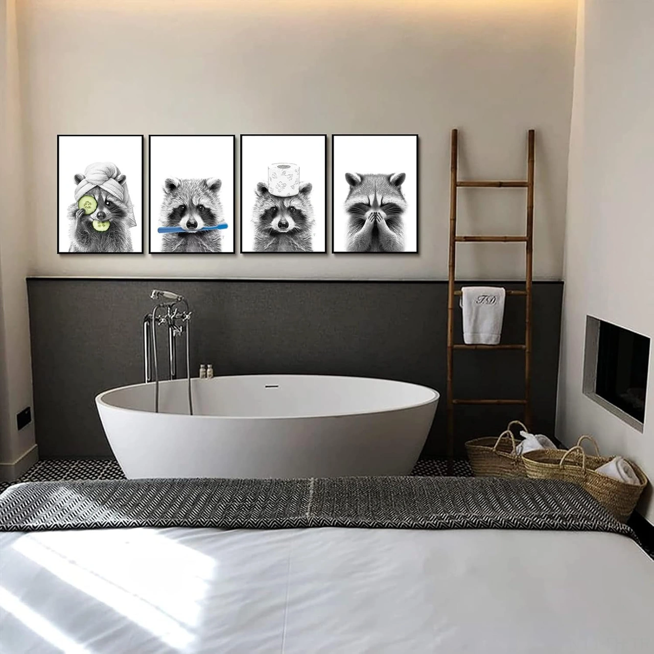 Folinda Ev Dekorasyonu Banyo Duvar Sanatı - 4 Adet Komik Zürafa Köpek Fil Desenli Posterler, 25x20 Cm Duşakabin Dekoru Siyah