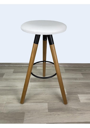 Banco Bar Sandalyesi, Bar Taburesi 74cm Ahşap Ayak Beyaz Deri Oturak Çok Renkli